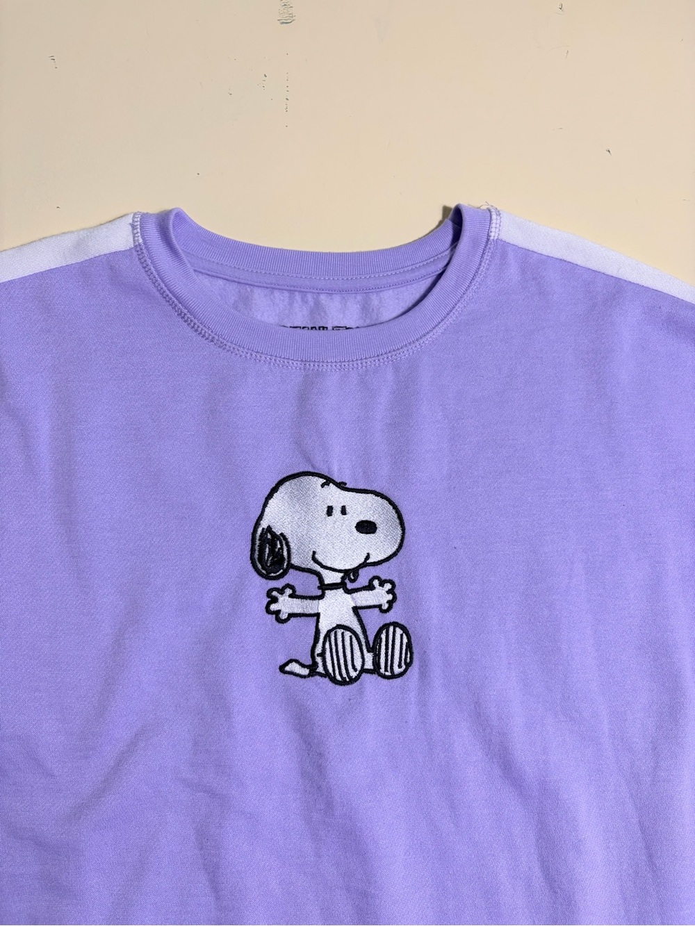 Peanuts Snoopy Purple Cropped Sweatshirt Size M Embroidered Stripe Casual Cozy - Picture 4 of 7